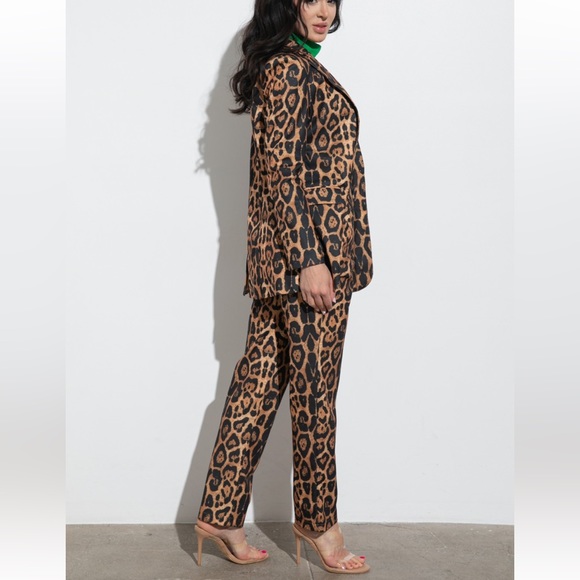 Leopard Print Two Piece Blazer High Waisted Pant Suit - Picture 2 of 10